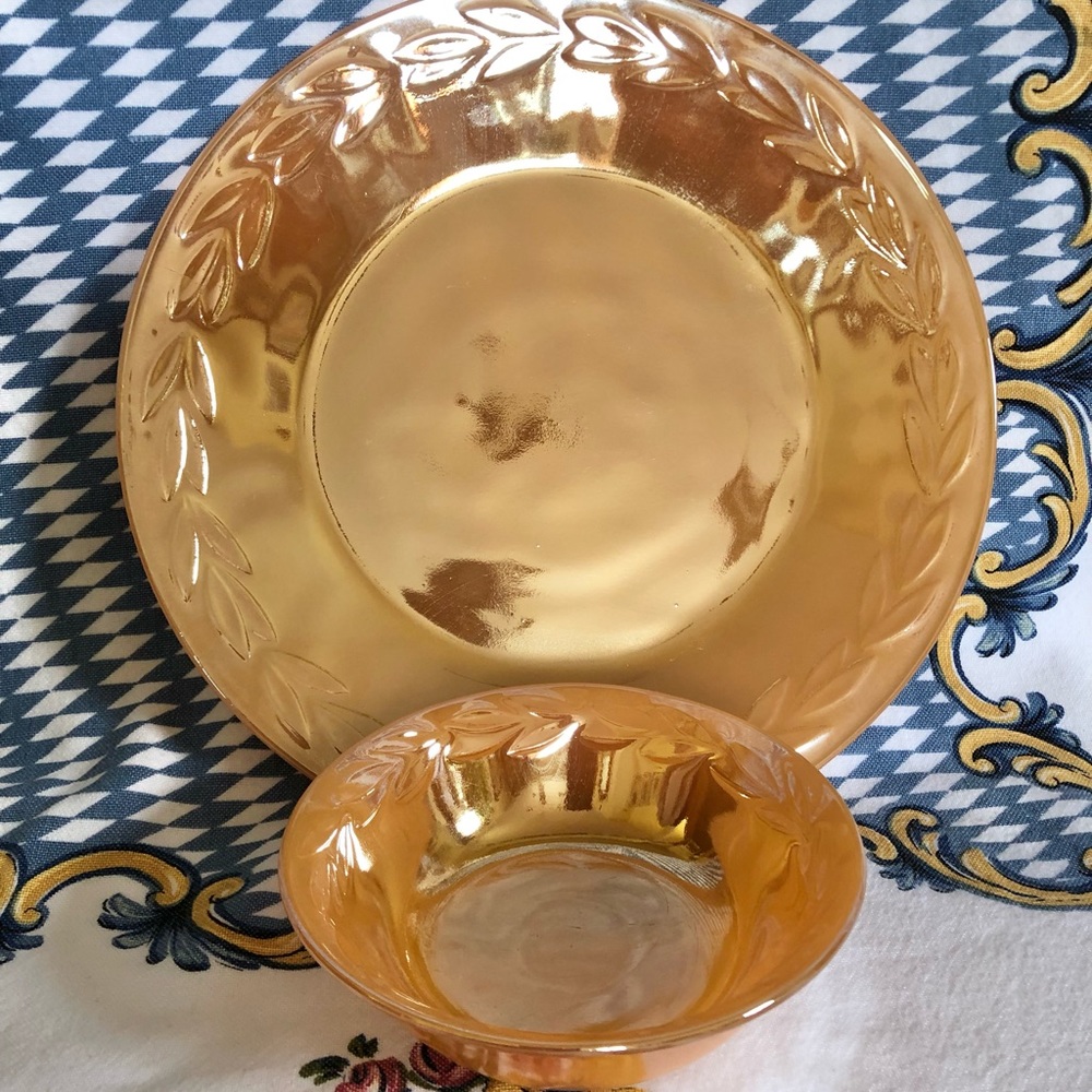 Fire King Peach Lustre Dinner Plate and Berry Bowl